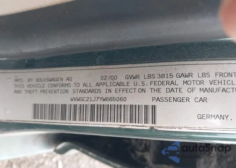 2000 Volkswagen Golf Gls z USA, uszkodzony, nr VIN WVWGC21J7YW665060